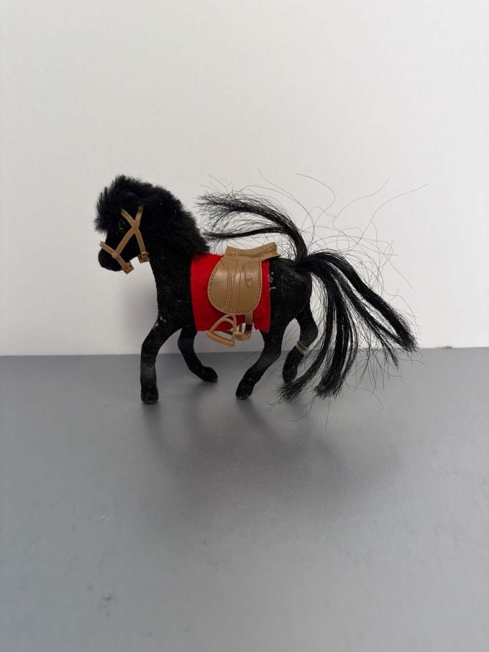 Vintage Flocked Black Stallion Horse Action Figure with Saddle and Bridle